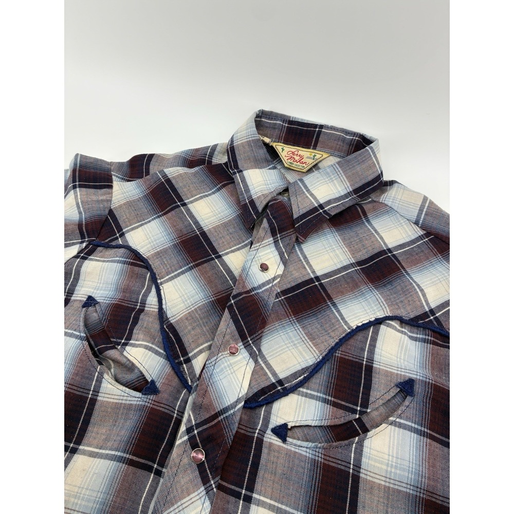 VNTG 80's Larry‎ Mahan Cowboy Collection Plaid Pearl Snap Smile Pockets Size Med